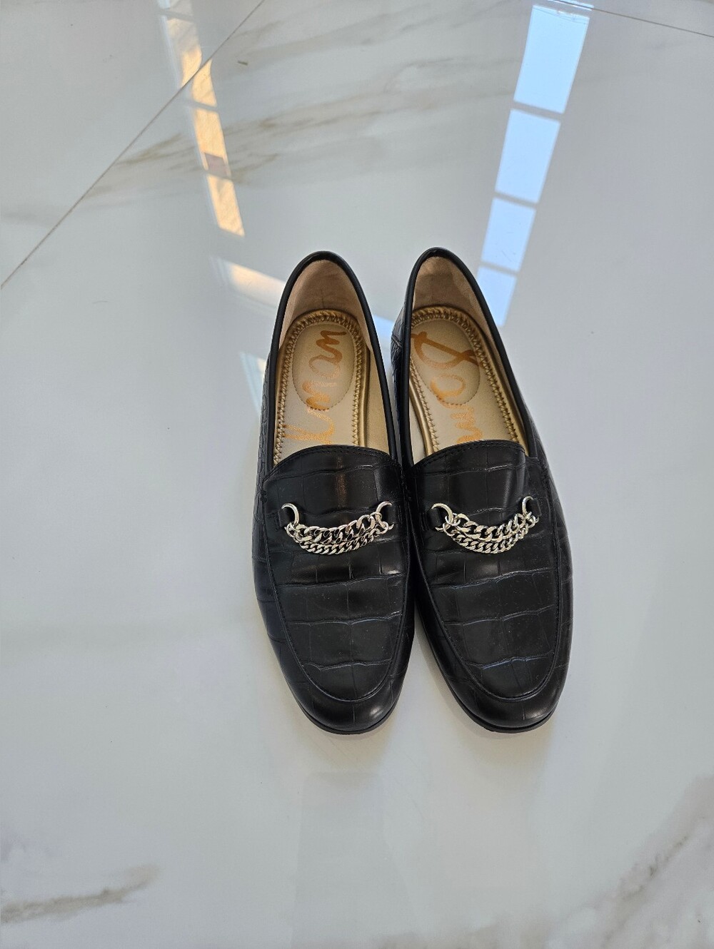 Sam Edelman - Black Croc-Texture Chain Loafers